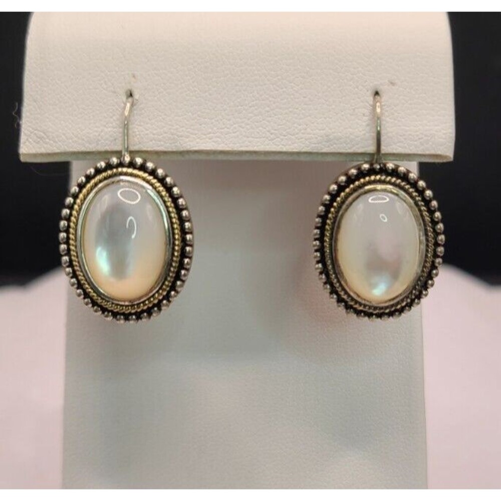 Vintage Sterling Silver Mother Of Pearl Wire Clip Earrings 1" Long 5/8" Wide